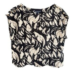 French Connection Blouse Size 4 Black & Cream Print Gold Beads & Buttons